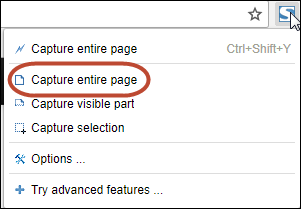 The fireshot dropdown menu in chrome is displayed with the Capture entire page instruction circled in red